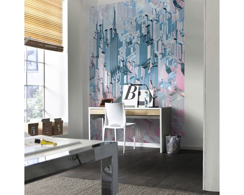 Bureau avec bureau, chaise et papier peint photo avec motif urbain abstrait