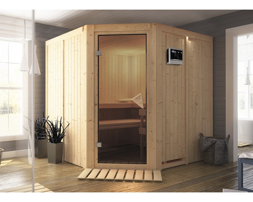 Elementsauna Karibu Jarina inkl. 9 kW Ofen u.ext.Steuerung ohne Dachkranz mit bronzierter Ganzglastür