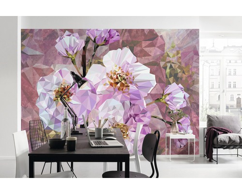 Espace de vie avec papier peint photo à motif floral triangulaire