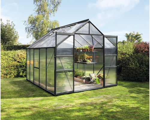 Gewächshaus Vitavia Meridian 2 8300 Hohlkammerplatten 4 mm 257x321 cm schwarz Gewächshaus mit Pflanzen im Garten.