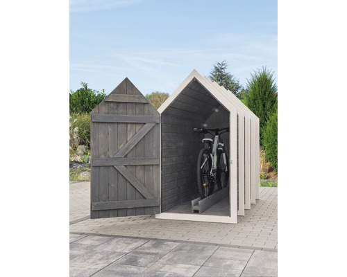 Garage à vélos en bois avec porte ouverte et vélo