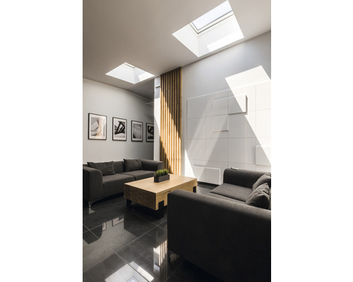 Pièce lumineuse avec lucarnes, canapé, fauteuil et table en bois