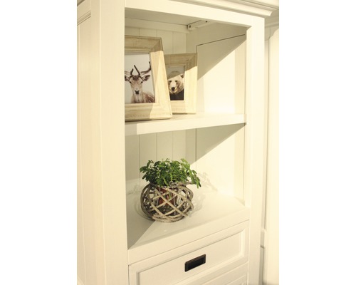 Regal mit Dekoration wie Bilderrahmen und Pflanze im Flechtkorb