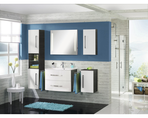 Badezimmer mit Waschtisch, Spiegelschrank, Hochschrank und Seitenschrank in modernem Design