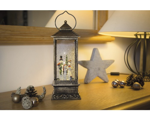 Lanterne décorative avec figurines de bonhomme de neige et effet pailleté pour la période de Noël