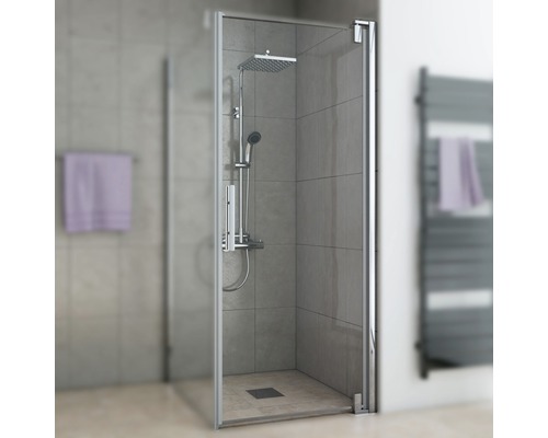 Drehtür für Seitenwand Breuer Europa Design 90 cm Anschlag rechts Klarglas Profilfarbe chrom Duschkabine mit Eckeinstieg und Duscharmatur