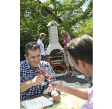 Scène de barbecue dans le jardin avec un barbecue en pierre et des personnes qui font la fête