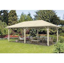 Holzpavillon mit Gartenmöbeln im Außenbereich