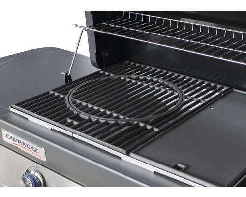 Logo Campingaz. Barbecue avec grille et support chaud.