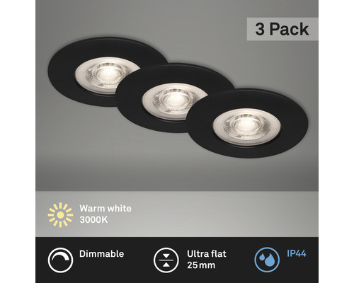 Set d'éclairages encastrés LED IP44 3 pces à intensité lumineuse variable 3x5 W 3x460 lm 3000 K noir Ø 9/6,8 cm 230 V