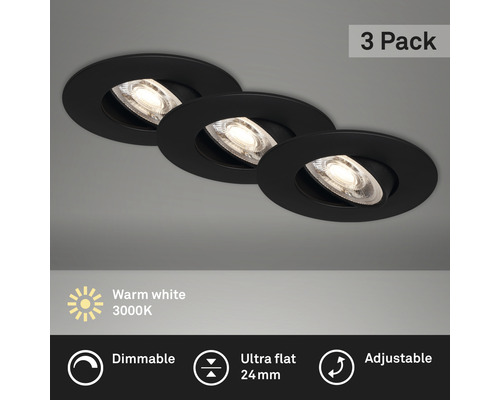 Kit de spots à encastrer LED plastique à intensité lumineuse variable IP23 3 pces 3x5W 3x460 lm 3000 K blanc chaud pivotant Kulana noir Ø 90/68 mm 230V-0