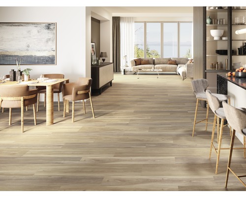 Espace de vie lumineux avec parquet, table à manger et bar de cuisine