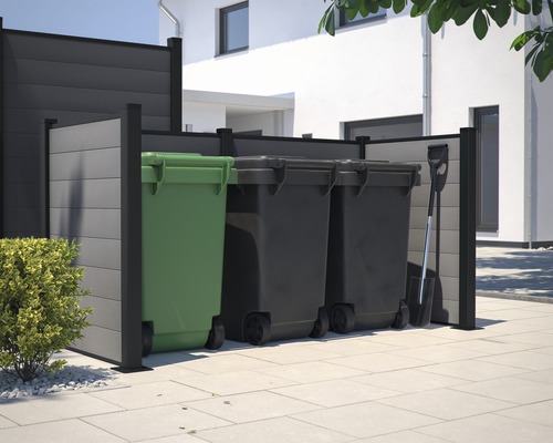 Cache-conteneurs avec trois conteneurs à déchets et pelle