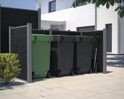 Cache-conteneurs avec trois poubelles et une bêche