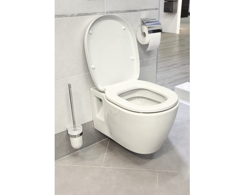 Wandhängendes WC mit offenem Deckel, Toilettenbürste und Papierhalter in einem Badezimmer.