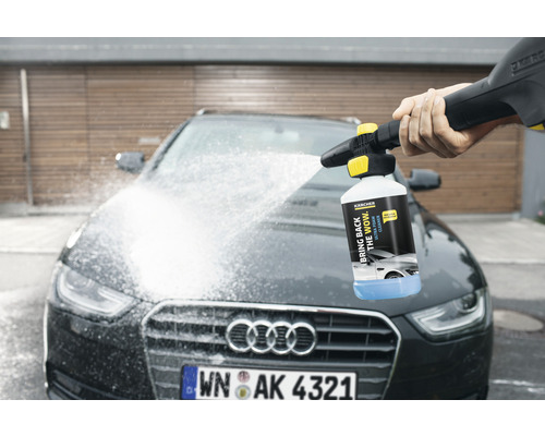 Ein Auto wird mit einem Kärcher Schaumsprüher und Reinigungsmittel gereinigt.