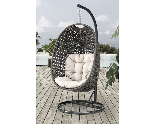Hängesessel mit Korb und Kissen auf Gestell für den Aussenbereich