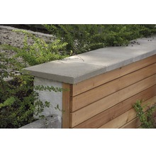 Vue détaillée d''un mur de jardin avec couverture en béton et revêtement en bois.