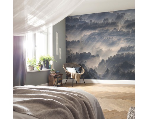 Chambre avec papier peint photo d''une forêt brumeuse, fauteuil et plantes sur le rebord de la fenêtre