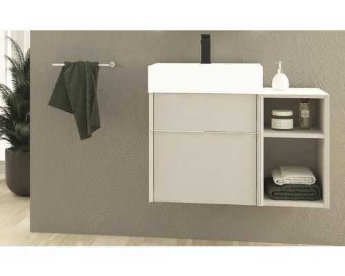 Salle de bains avec meuble sous-lavabo, serviette et plante d''intérieur