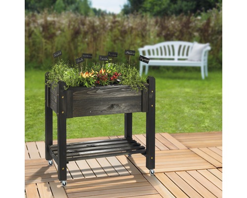 Jardinière surélevée en bois avec herbes aromatiques et roulettes dans le jardin