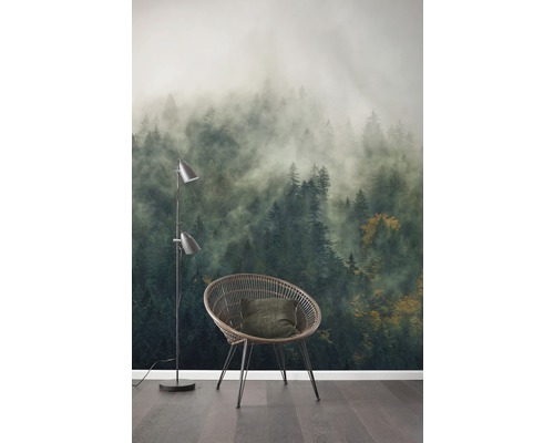 Scène avec papier peint intissé représentant une forêt brumeuse, une chaise et un lampadaire