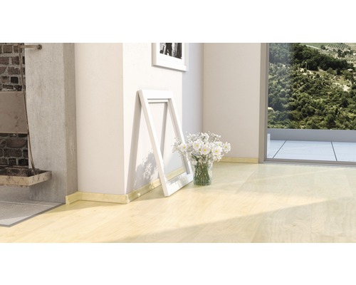 Heller Raum mit Fußleisten, Bilderrahmen und Blumenstrauß in Vase