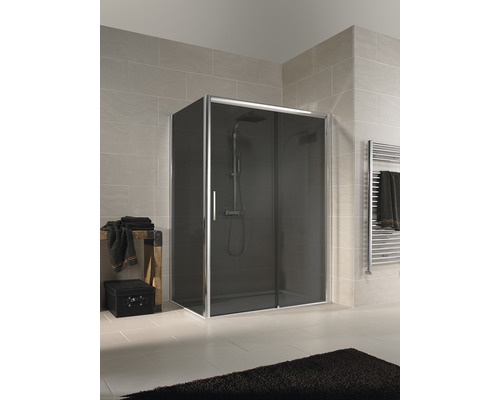 Porte de douche pour paroi latérale Schulte Kristall/Trend Gris 2000 x 1400 mm Cabine de douche à l''italienne avec porte coulissante et sèche-serviettes dans une salle de bains