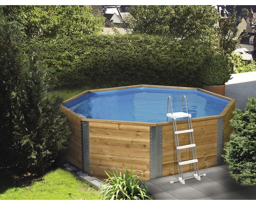 Piscine hors sol en bois avec échelle dans le jardin