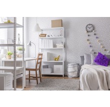 Aménagement d''une pièce lumineuse avec des étagères, un bureau et un lit