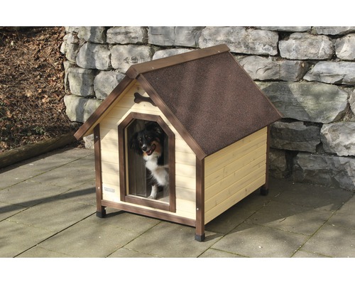 Hundehütte aus Holz mit Hund