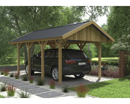 Carport avec allée et voiture garée.