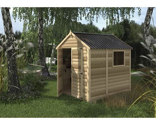 Abri de jardin en bois avec fenêtre et porte ouverte dans le jardin.