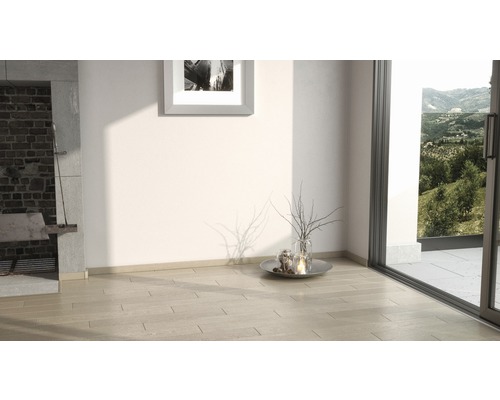 Heller Raum mit Kamin, Bild und Deko auf Holzboden