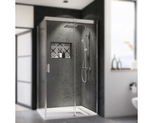 Cabine de douche avec douche de pluie, douchette à main et étagère