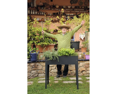 Un homme portant un chapeau de paille se tient derrière un potager surélevé avec des plantes dans le jardin.