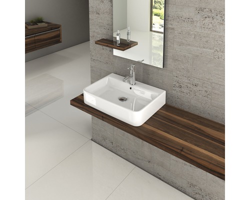 Salle de bain moderne avec vasque à poser sur console en bois et miroir