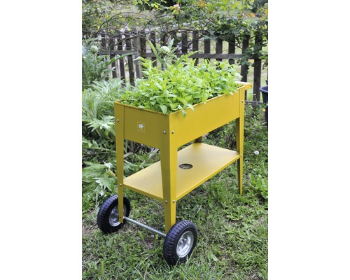 Jardinière surélevée en métal avec roues et étagère dans le jardin