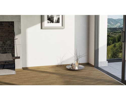 Pièce lumineuse avec carrelage imitation bois, cheminée et porte-fenêtre