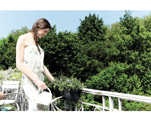 Frau giesst Blumen auf einem Balkon mit einer Giesskanne