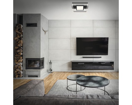 Wohnzimmer mit Kamin, Fernseher, Couchtisch und Deckenleuchte