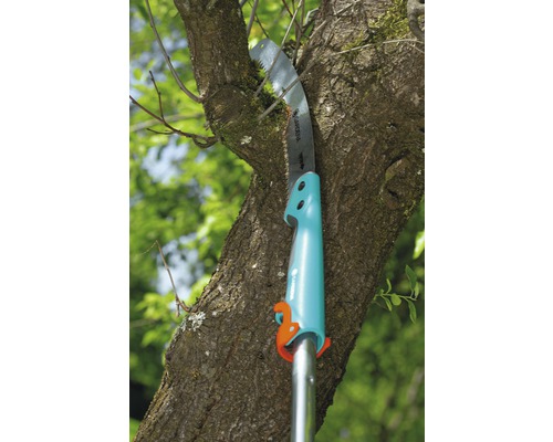 Une scie à branches coupe une branche d''arbre.