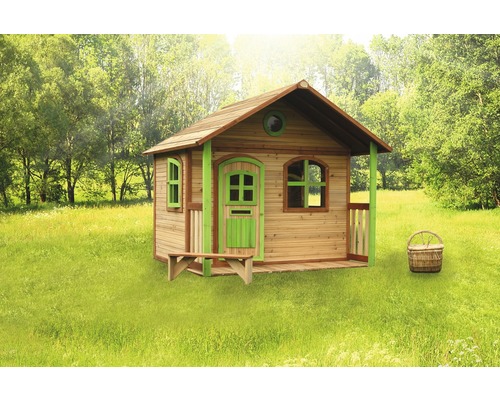 Cabane de jeu en bois avec banc et panier dans le jardin