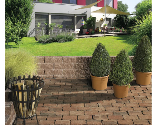 Jardin aménagé avec plantes, pavés, mur de soutènement et brasero