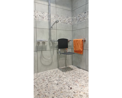 Salle de bains avec douche, siège de douche et porte-serviettes