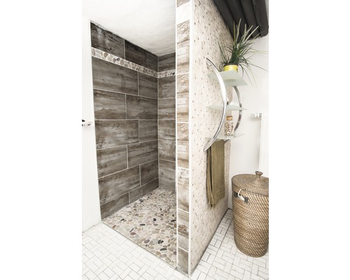 Salle de bain avec douche, carrelage et éléments de décoration pour une atmosphère claire et conviviale.