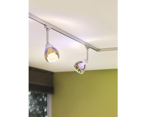Zwei Deckenleuchten an einer Schiene mit transparenten Lampenschirmen