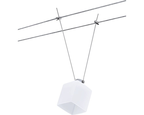 Deckenleuchte mit Seilaufhängung und würfelförmigem Lampenschirm