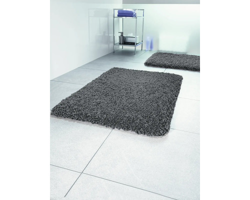 Vue d''une salle de bains avec deux tapis de bain gris sur du carrelage