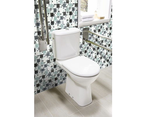WC sur pied blanc avec barres d''appui dans salle de bain